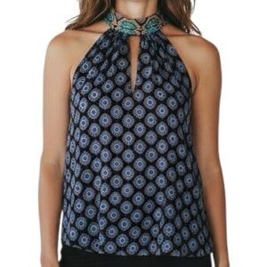 RAMY BROOK Black Pattern Sleeveless Halter Neckline Tie Back Blouse Size Medium